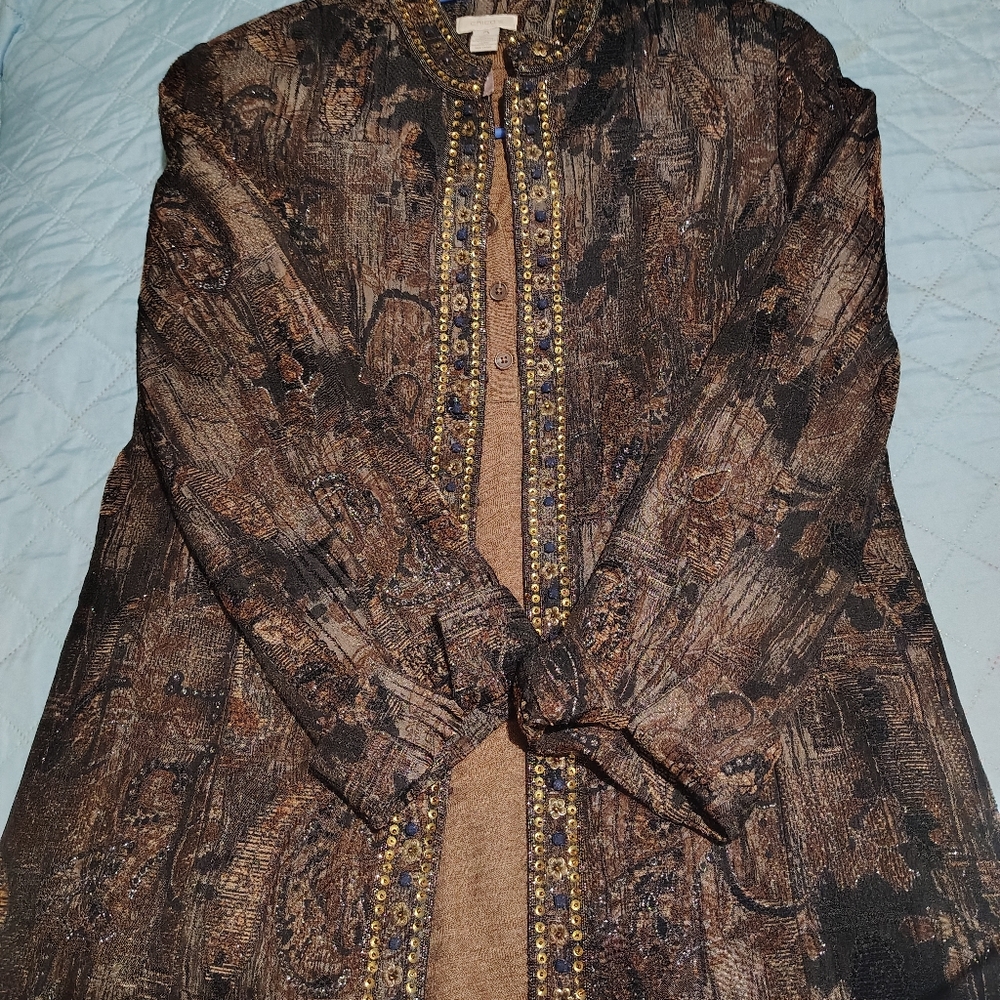Mid length Chico's Jacket w/ metallic fibers and accent beading.
